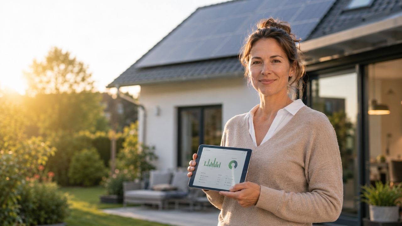 Hausbesitzerin mit Tablet vor Haus mit Photovoltaik prüft verständlich die Kostenentwicklung.
